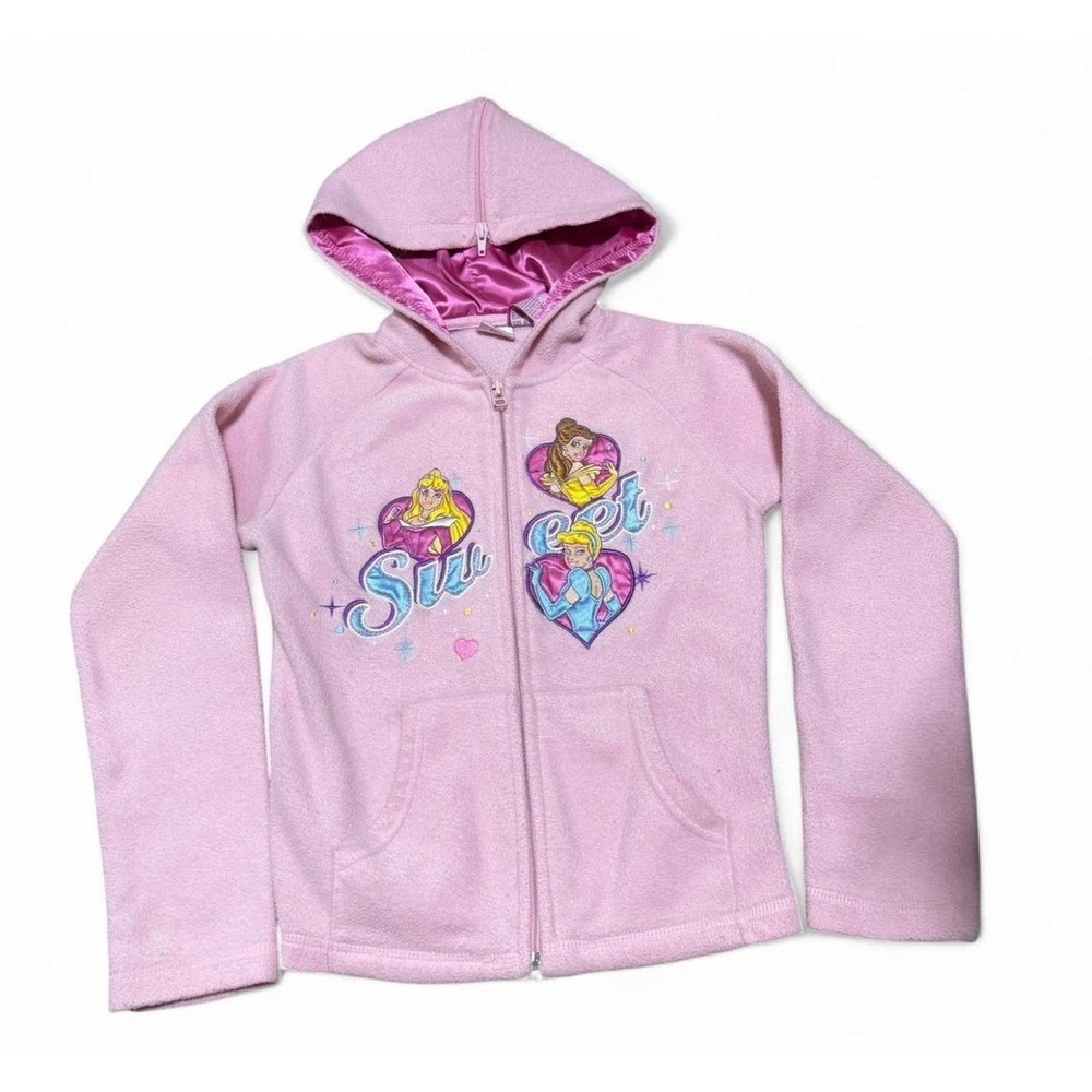 Disney Princess Girls Small Pink Fleece Jacket Reversible Satin Y2K Aurora Belle